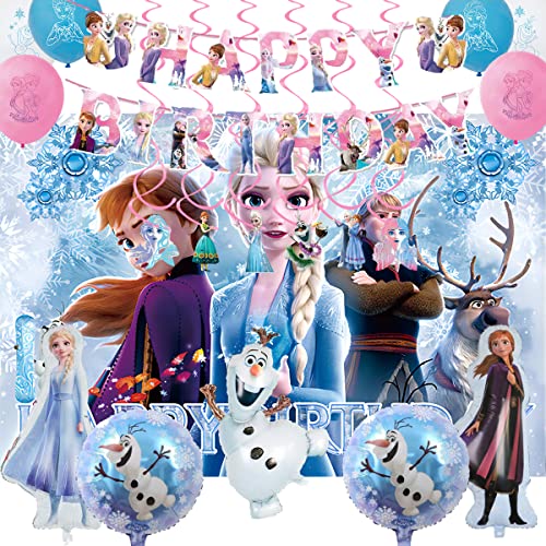 Frozen Birthday Party Supplies, Birthday Packs Include Happy Birthday Banner, Backdrop, Cake & Cupcake Topper, Balloon, Foil Balloons, Plates, Napkins, Tablecloth, Frozen Birthday Party For Kids #TOP3