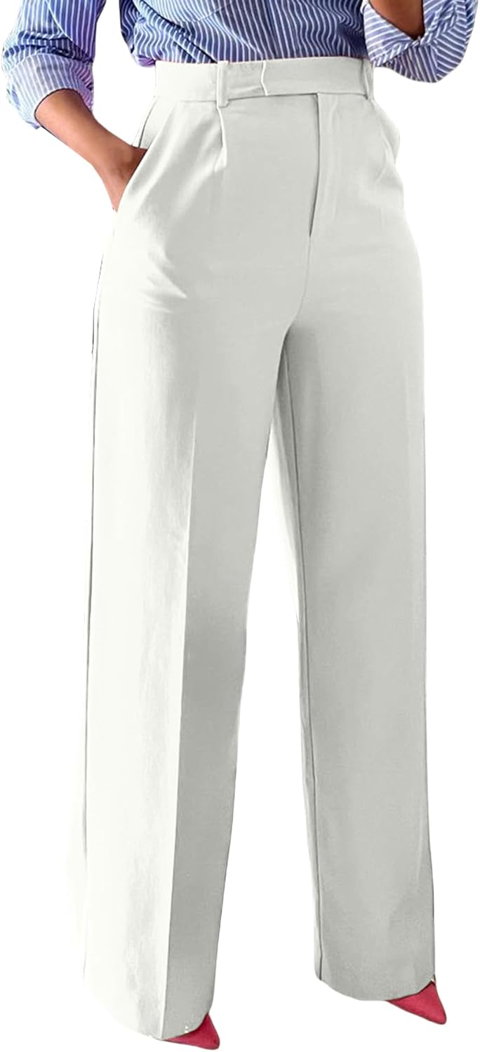 Unybwonn Women Wide Leg Dress Pants High Waisted Straight Leg Business Slacks Work Pants Casual Button Down Trousers White Medium
