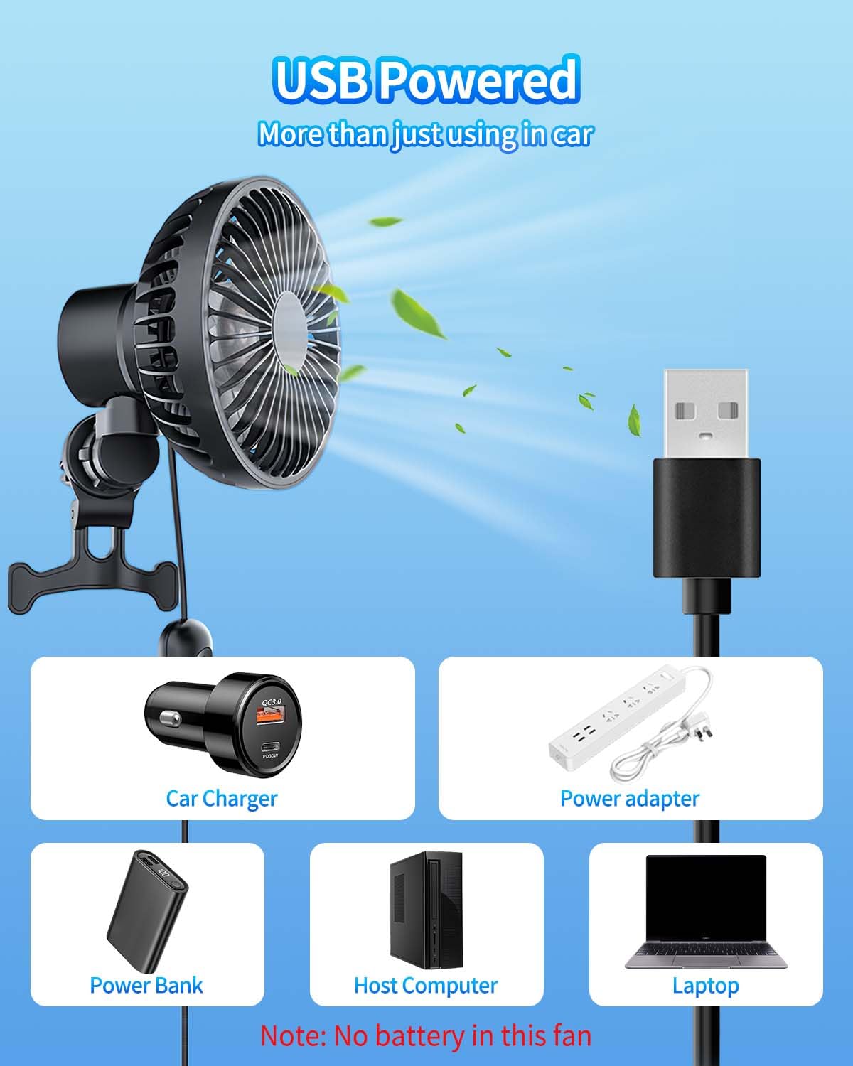 Wentylator samochodowy, głowica wstrząsająca 90°, 12 V, USB, 3 prędkości obrotu o 360° ze światłem RGB, niski poziom hałasu, nadaje się do wielu pojazdów