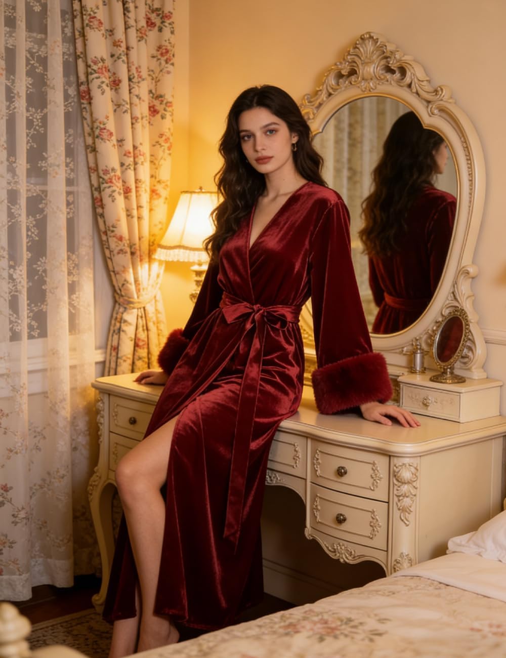 Women's Velvet Bridal Dressing Gown Sleepwear Feather Bridal Robes Sexy Lingerie for Women