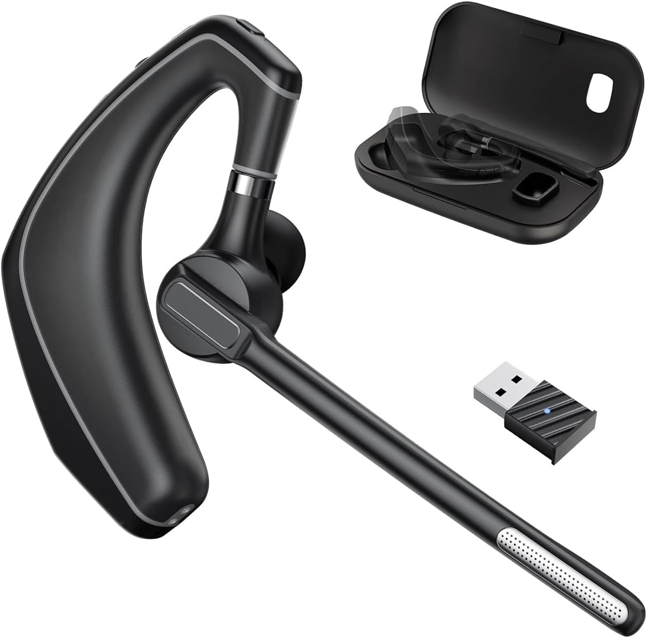 Wireless Bluetooth Headset for Work With Built-in Microphone 500mAh Charging Case USB Dongle Call Noise Canceling Mic for PC Computer, Laptop, Cell Phones, Remote Work, Call Center, Trucker Work