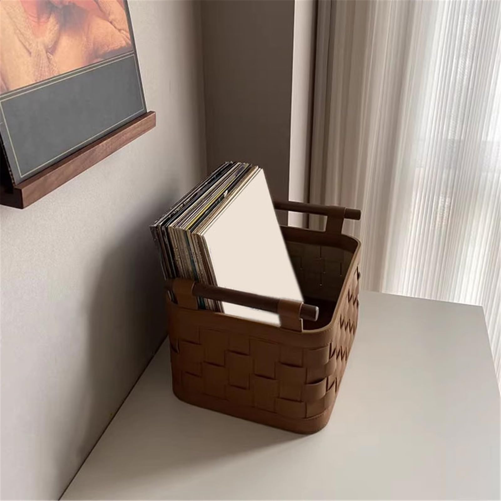 Rack per dischi Scatola portaoggetti multifunzionale in tessuto di pelle con custodia for dischi in vinile maniglia for l'home office