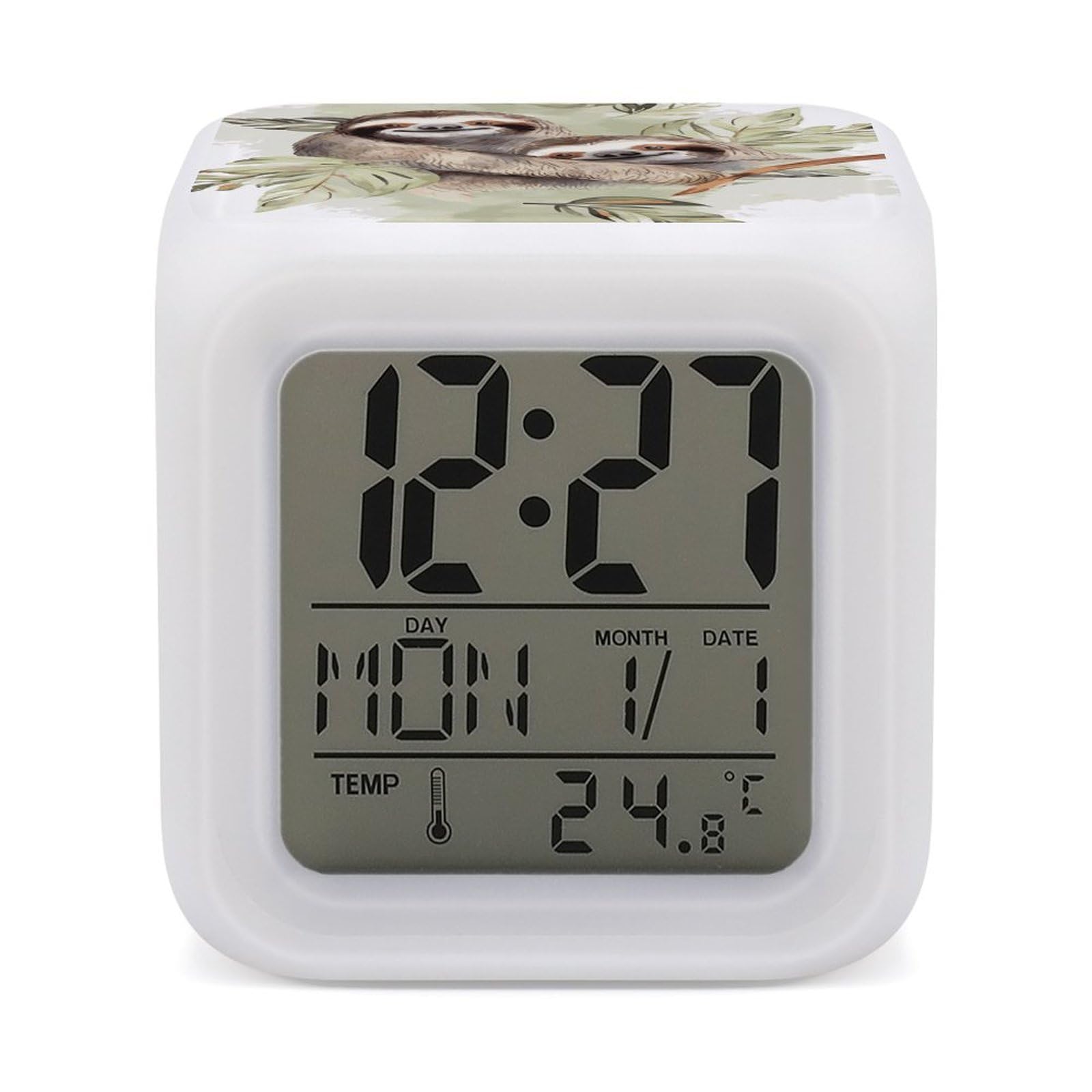 JTREHY 7 Color Changing LED Digital Alarm Clock,Watercolor Sloth Printed Wake-up Clock with Temperature Display Home Decoration Alarm Clock for Bedroom Office