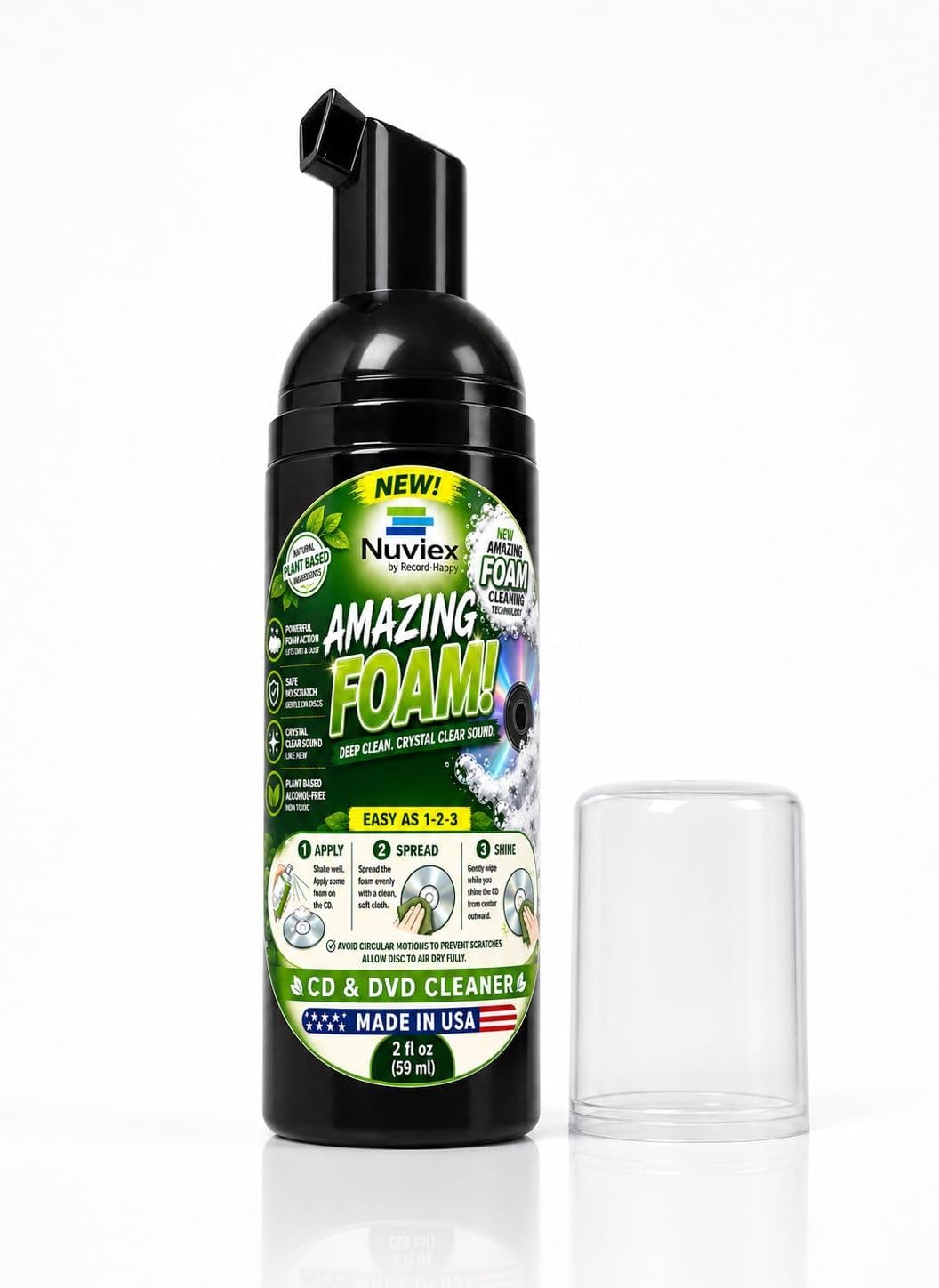 CD Cleaner Solution Foam Spray - CD-DVD Compact Disc Cleaning Fluid with Microfiber Anti-Static Cloth Glove - Made in USA with Natural Ingredients