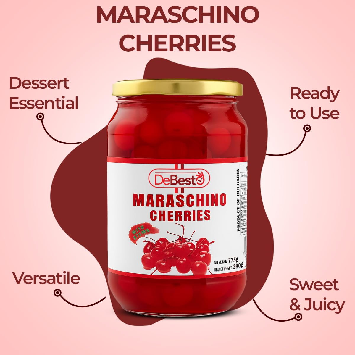 DeBesto Maraschino Cherries with Stem – 775g | Premium Cocktail & Dessert Garnish | Perfect for Drinks, Cakes & Ice Cream - Image 4 thumbnail
