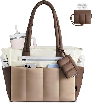 LOVEVOOK Tote Bag for Women, Lightweight Puffer Laptop Handbags Work Bags with Zip and Compartments, Large Capacity Quilted Shoulder Bag for Work, School, Travel, Beach, Gym