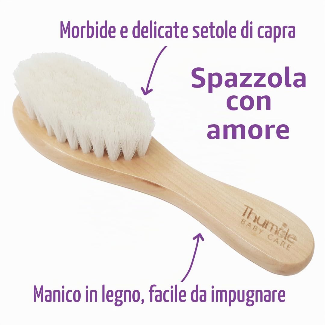 Spazzola per Capelli Bambino | Spazzola Neonati in Legno Naturale con Setole Morbide di Capra per Neonati e Bimbi Piccoli | Spazzola per Crosta Lattea | Thumble Baby Care