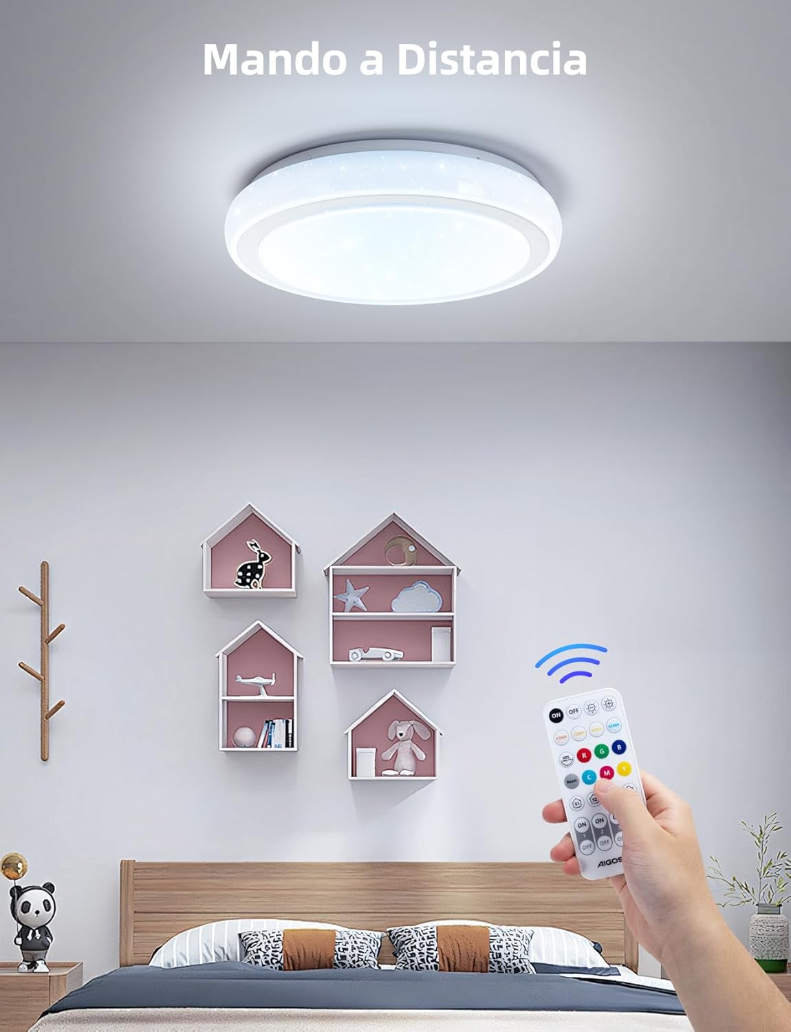 A hand holding the remote control for the Aigostar smart ceiling light, demonstrating its use to adjust the light in a bedroom setting.