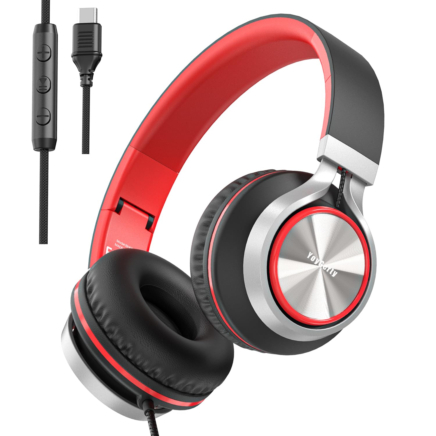 Upgraded USB Type C Wired Headphones, Foldable Over-Ear Headphones with Mic and Volume Control, Hi-Fi Stereo Sound, for Adults/Teens/Toddlers/Tablets/Travel(Red)