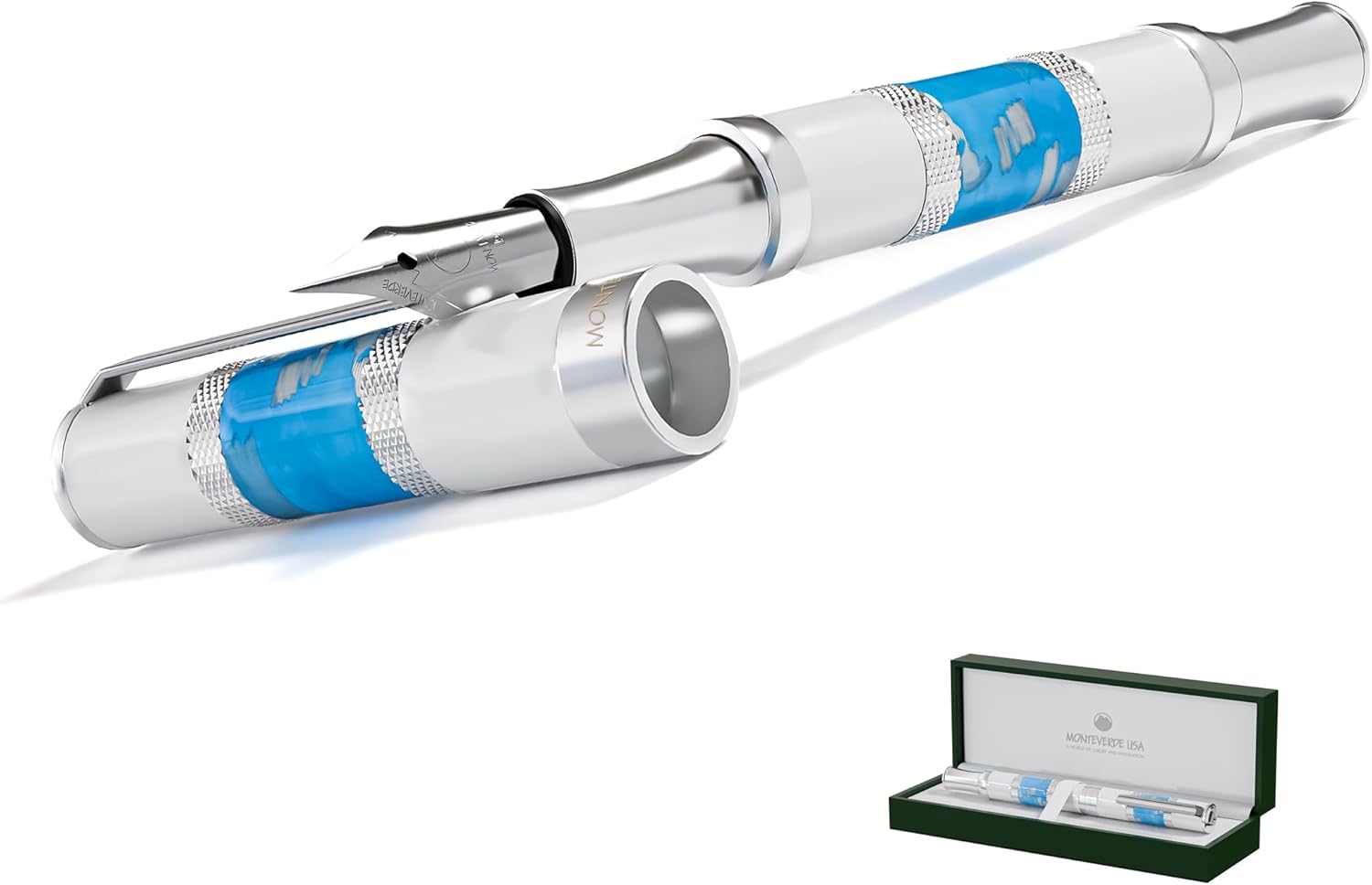 Monteverde USA Regatta Sport Fountain Pen in Santorini White and Blue - Flex Nib, Luxury Refillable Pen with Gunmetal Accents, Premium Gift
