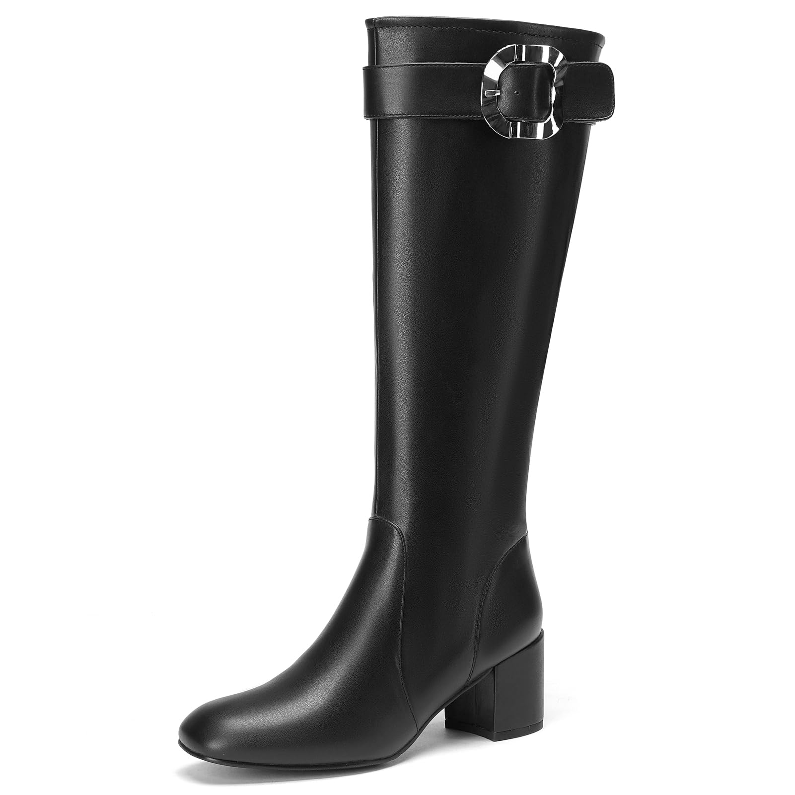 Cozivwaiy Knee High Boots For Women Black Chunky Heels Tall Boot Round Toe Mid Heel Comfortable Dress Shoes