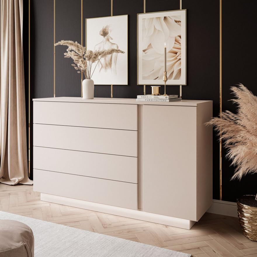 Lookway Kommode LINA Kaschmir II 1D4S mit LED-Beleuchtung, auf Sockel, Push-to-Open oder Griffe, 138x84x40 cm (Push-to-Open System)