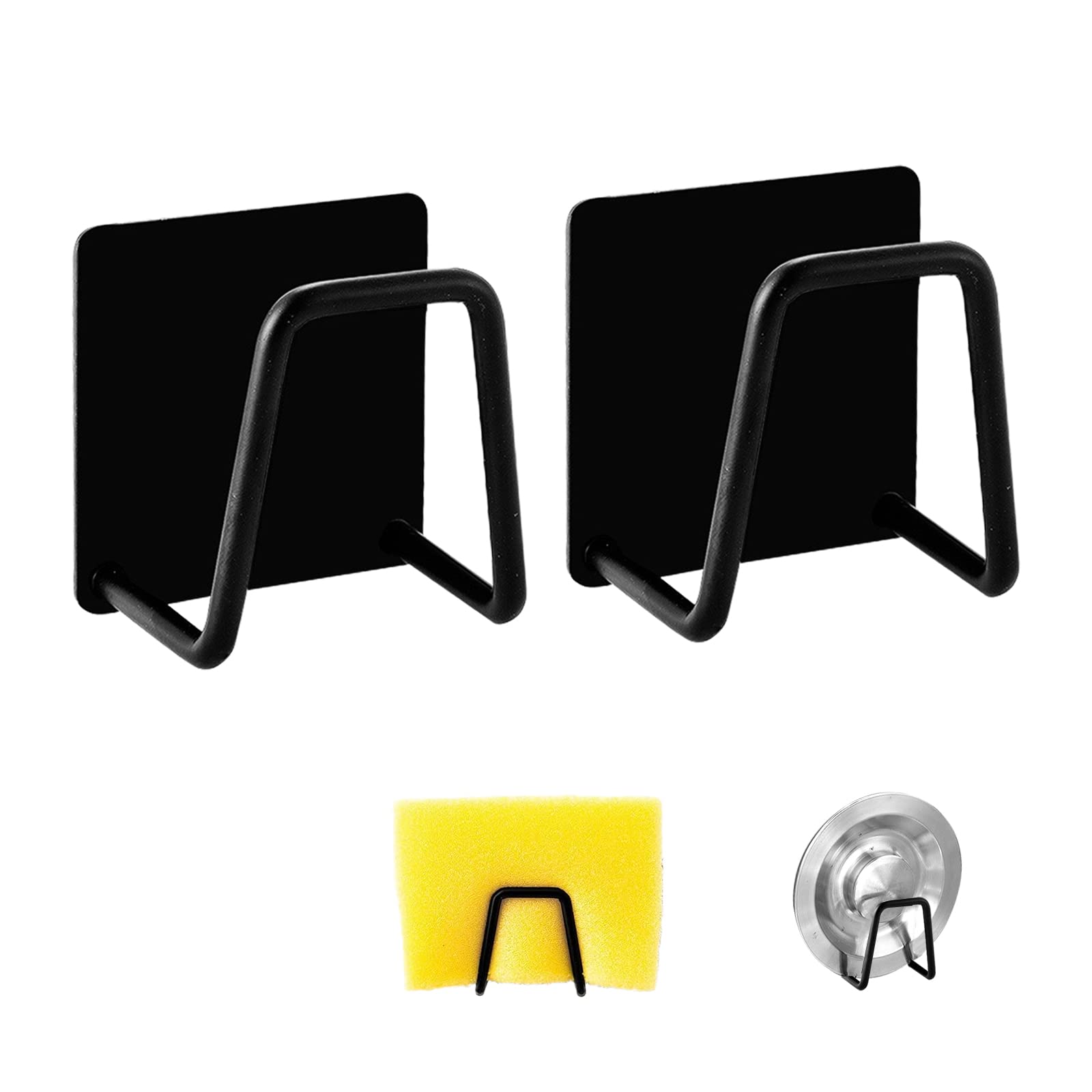 FuninCrea Sponge Rack, 2 PCS Durable Waterproof Kitchen Sink Rack, Super Self-Adhesive Universal Stainless Steel Sponge Holder, Kitchen Accessories for Household Storage and Draining (Black)