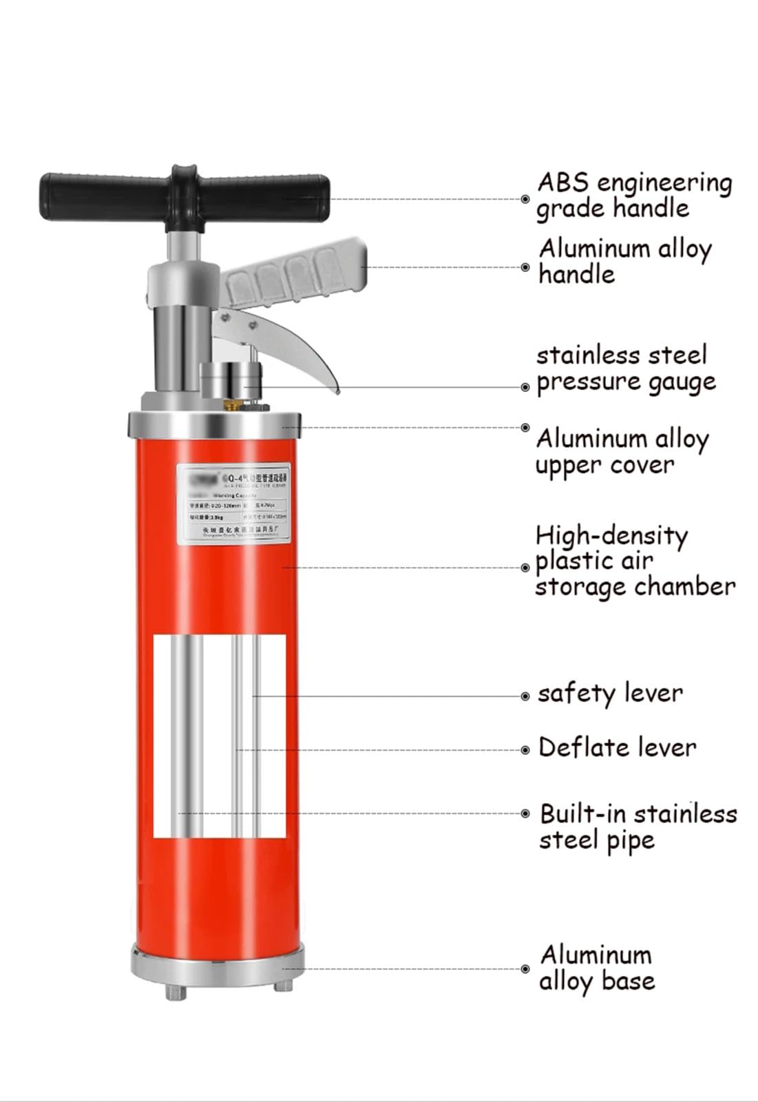 Herramienta Profesional para desatascar tuberías y desagües, Limpiador de desagües de Aire a Alta presión con manómetro y Bomba Manual incorporada Stainless Steel