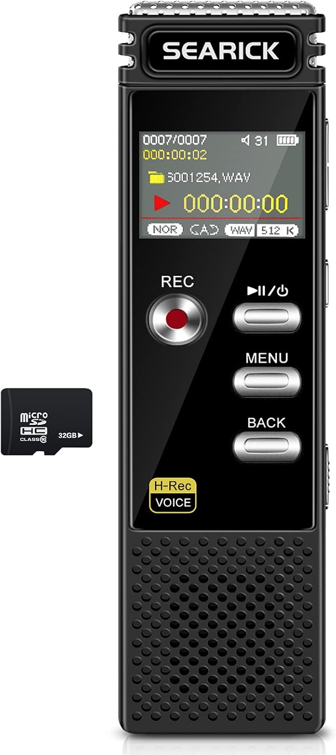 Voice Recorder, Searick 48GB 3343 Hours Portable Voice Activated Recorder with MP3 Player, USB Charge, Variable Speed and Password, Upgraded Mini Digital Tape Recorder for Lectures, Meetings : Electronics