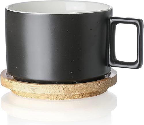 Henten Home Taza de capuchino de porcelana con platillo de madera, juego de tazas Demitasse de 10.5 onzas para café, capuchino, café con leche,