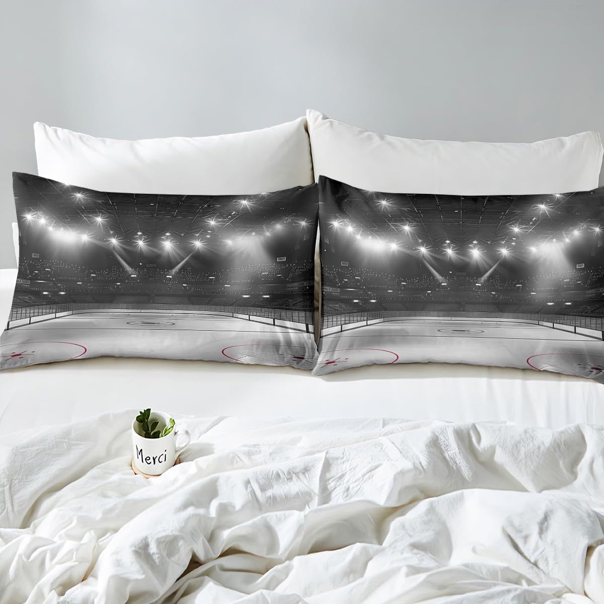 jejeloiu Kids Ice Hockey Bedding Set Full Size Sports Hockey Fitted Sheet for Boys Girls Teens Winter Event Ball Games Bed Sheets Set Soft Microfiber,No Flat Sheet