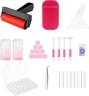 SuSentak 46 PCS Diamond Art Tools Kit, Complete Accessories Set with Multi-Tool Tweezers, Wax Pen, Storage Containers, Trays, Roller, Anti-Slip Mat for Adults Kids Beginners Art Crafts(Pink)