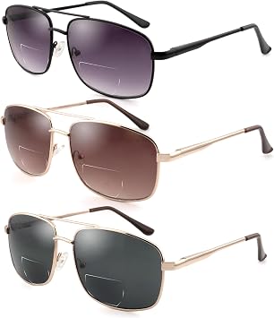 Bifocal Reading Sunglasses for Men Women Classic Aviator Bi-focal Sun Readers Rectangle Metal Frame Shades UV400 +1.25