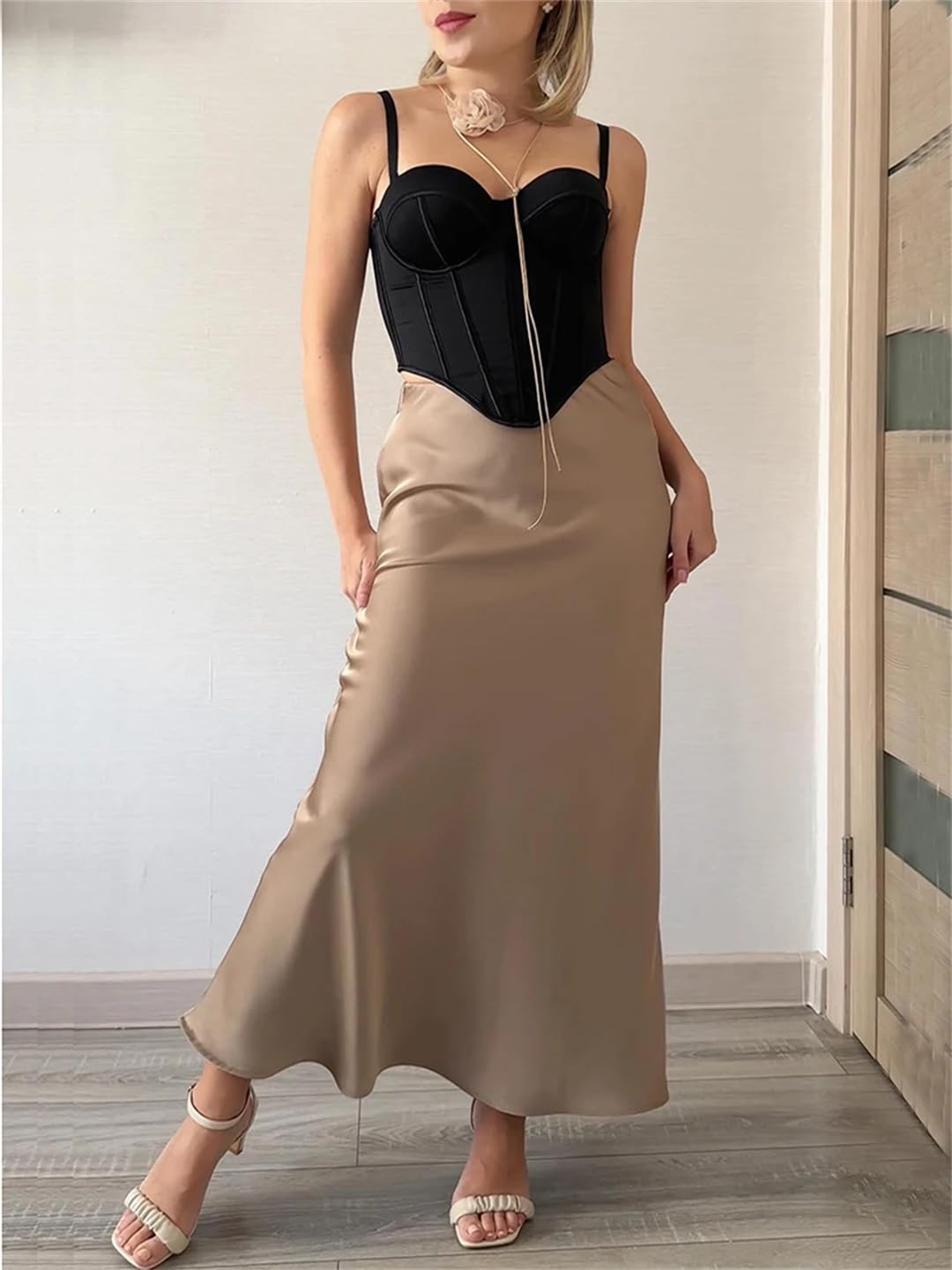Jupe longue en satin pour femme - Taille élastique - Jupe trapèze en soie unie