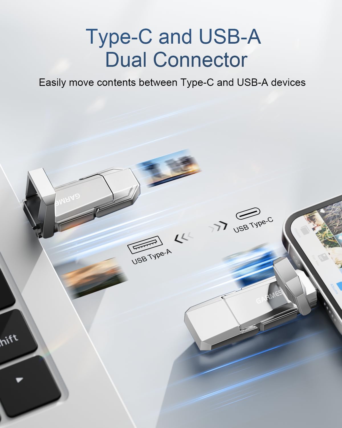 Chiavetta USB C da 64 GB, fino a 450 MB/s, USB 3.2, a stato solido, USB A + tipo C, chiavetta USB 2 in 1, archiviazione dati, compatibile con iPhone 16 Android Phone Tablet Console di gioco