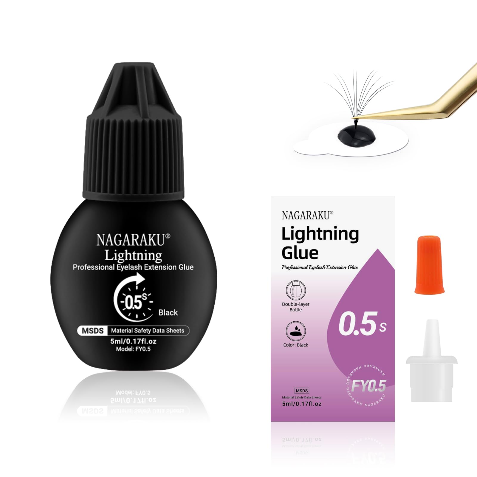 NAGARAKU Lightning Colla Per Ciglia Nere 5ml | 0,5s Asciugatura Ultra Rapida | Dura 5-6 Settimane | Impermeabile E Forte Adesione | Durata Di Conservazione 12 Mesi | Facile Da Rimuovere | Lash Glue