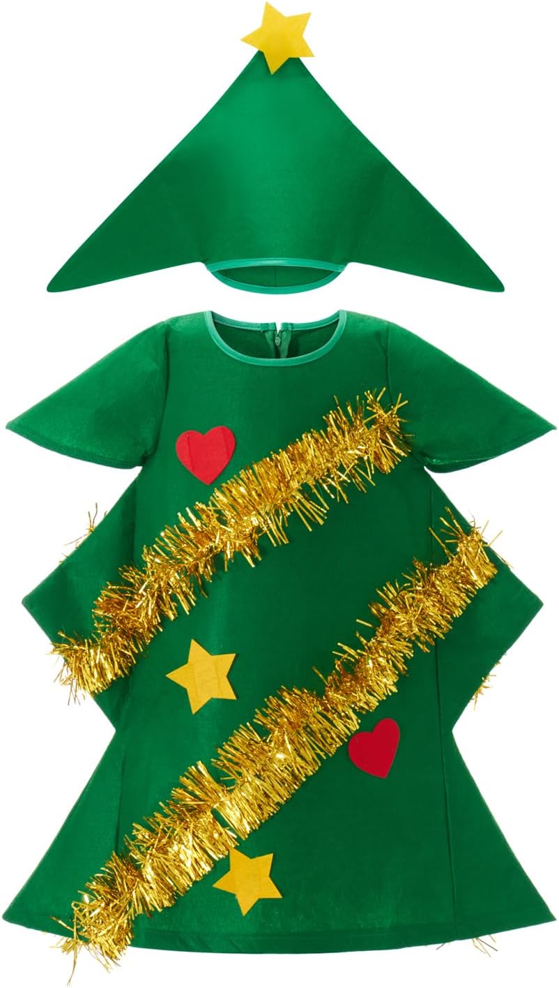 Kids Christmas Tree Costume Xmas Party Short Sleeve Dress with Hat Christmas Tree Clothes