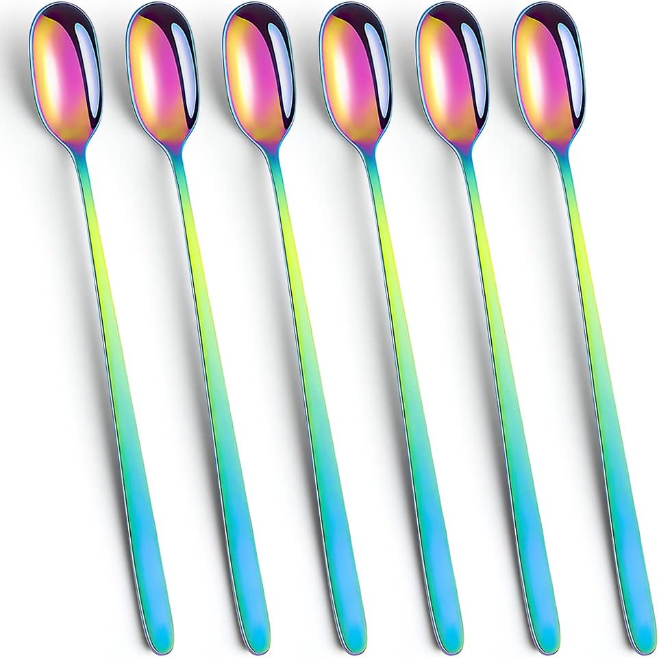 YFWOOD Sundae Spoons Set of 6, Stainless Steel Long Ice Cream Spoons, Long Handled Teaspoons for Latte Coffee, Espresso, Hot Chocolate, Hot Drinks, Dishwasher Safe, 23 cm (Rainbow)