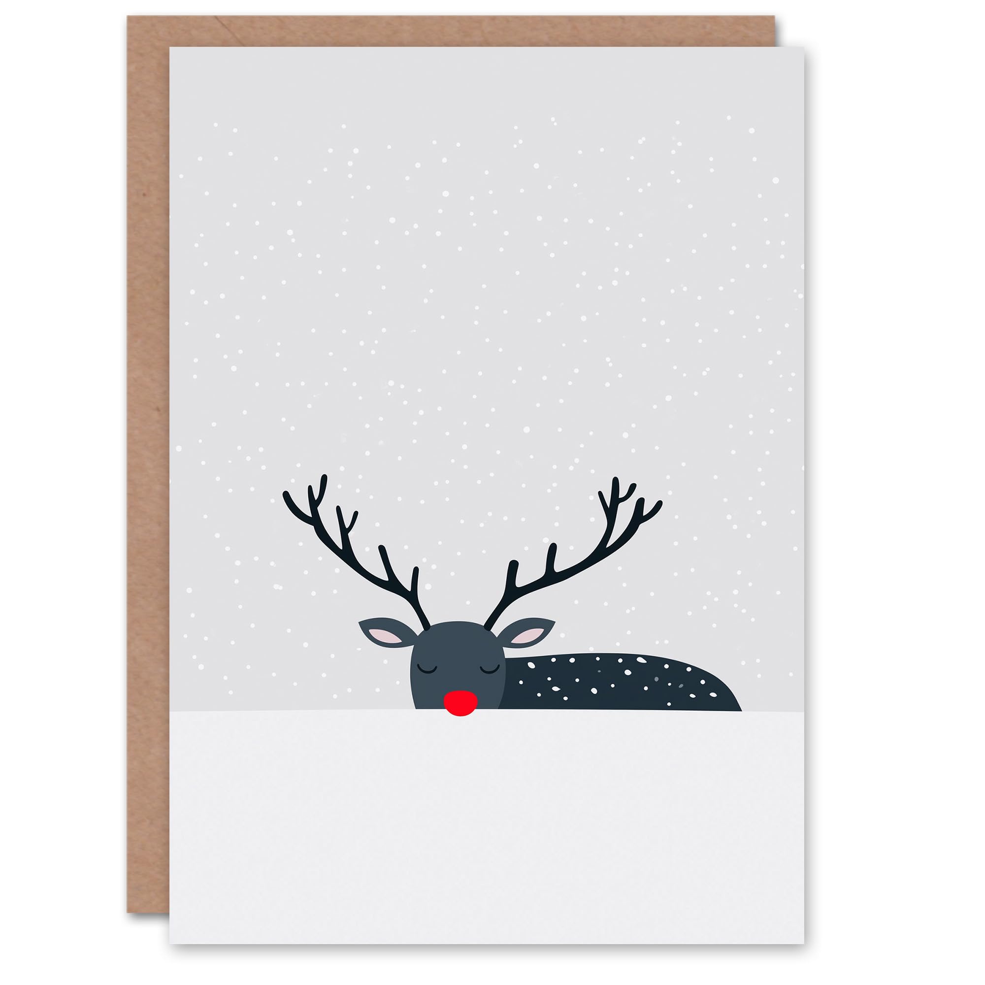 Wee Blue Coo Greeting Card Rudolph Red Nose Reindeer Hiding In Snow Modern Blank For Him Or Her Art Xmas Christmas Card