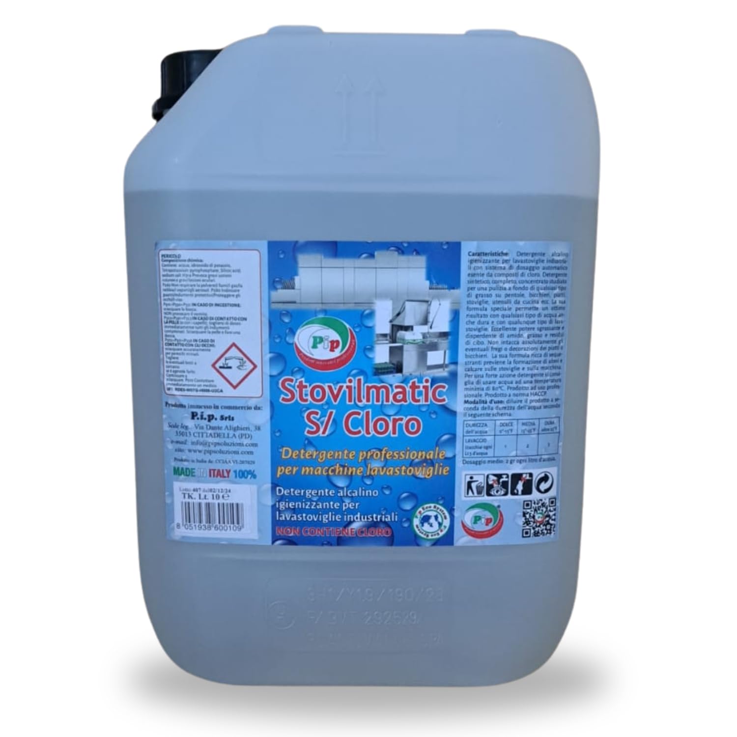 PIP Detergente Lavastoviglie Professionale Stovilmatic, Detersivo Stoviglie Industriale, Lavapiatti, Bicchieri, Pentole, Disincrostante, Anticalcare, Ho.Re.Ca, Senza Cloro, Tanica UN LT.10 = Kg.12