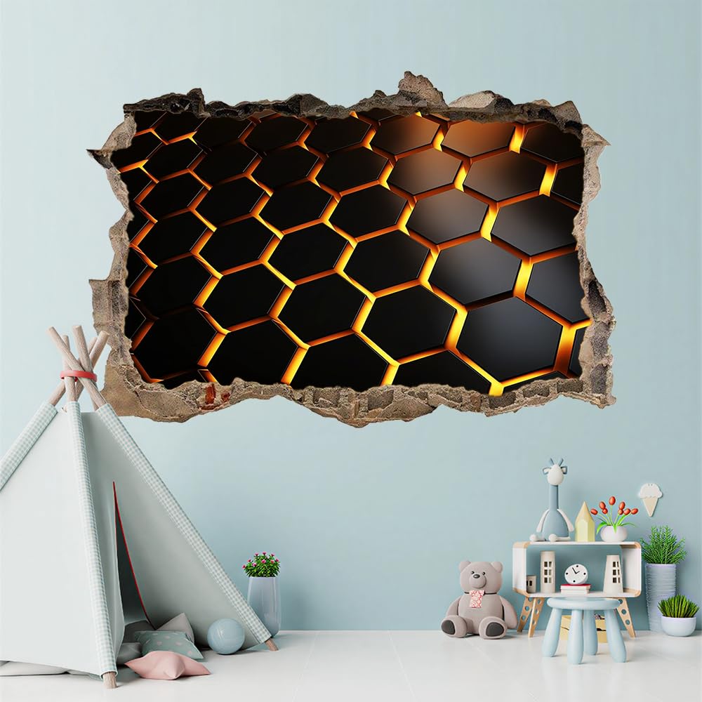 3D Durchbruch Wandtattoo Mädchen Kinderzimmer Wabenförmige Geometrie Wandaufkleber Dekorative Schwarz Und Gold Wandsticker für Junge Teenager Zimmer Wohnzimmer Schlafzimmer Wandbilder Deko