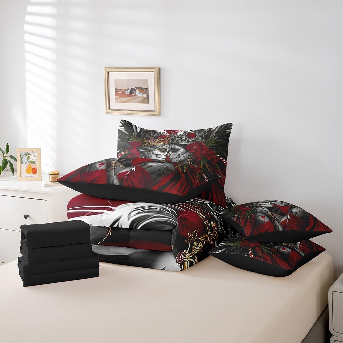Erosebridal Sugar Skull Couple Bedding Set King Size,Rose Love Comforter Set,Skeleton Lover(Comforter+Fitted+Flat Sheet+2 Pillowcases+2 Throw Pillow Covers) 7 Pieces Valentine's Day Gift Bed Set