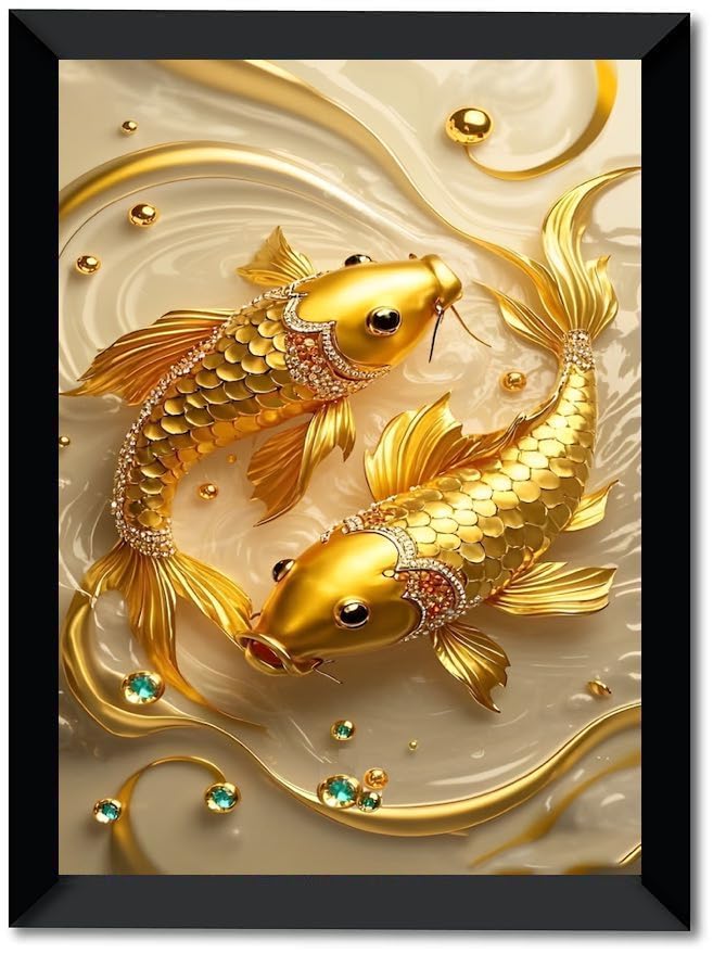 Lucky Vastu Fang Shui 2 Golden Fishes Spiritually Powerful Symbol 2 Gold Fish Painting Wall Art for Home Office Living Room Photo Frame Without Glass D001 (A4)-image-33