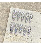 NLSJMP 3D Handmade Long Stiletto Press on Nails Almond Acrylic Fake Nails Kit,Rhinestone Luxury g...