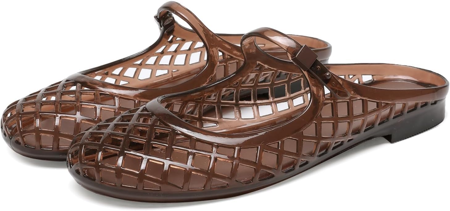 Clear Jelly Slide Sandals for Women Mary Jane Mules Breathable Closed Toe Flat Summer Slip On Mesh Slides for Woman