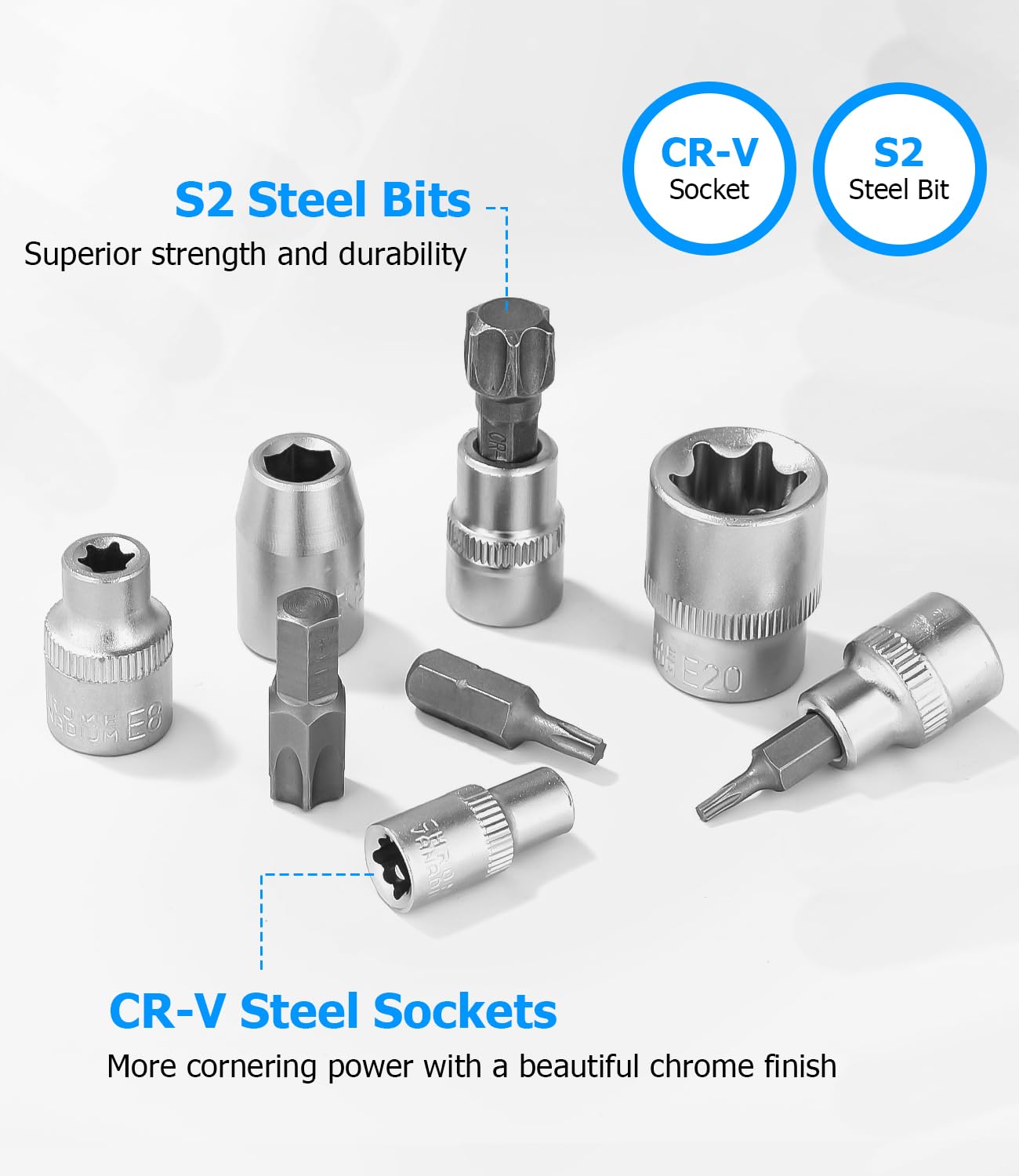 Bixury Juego de 34 llaves de vaso Torx para interior y exterior y S2 Bits hexagonales, 3/8 pulgadas, 10 mm, T10-T60 5/16 pulgadas, 8 mm, T10-T55, 10 mm, tuerca E4-E20