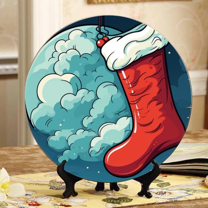 Christmas Stocking 10-inch Ceramic Plate for Wall Display or Tabletop, with Stand & Hook DP-779288845