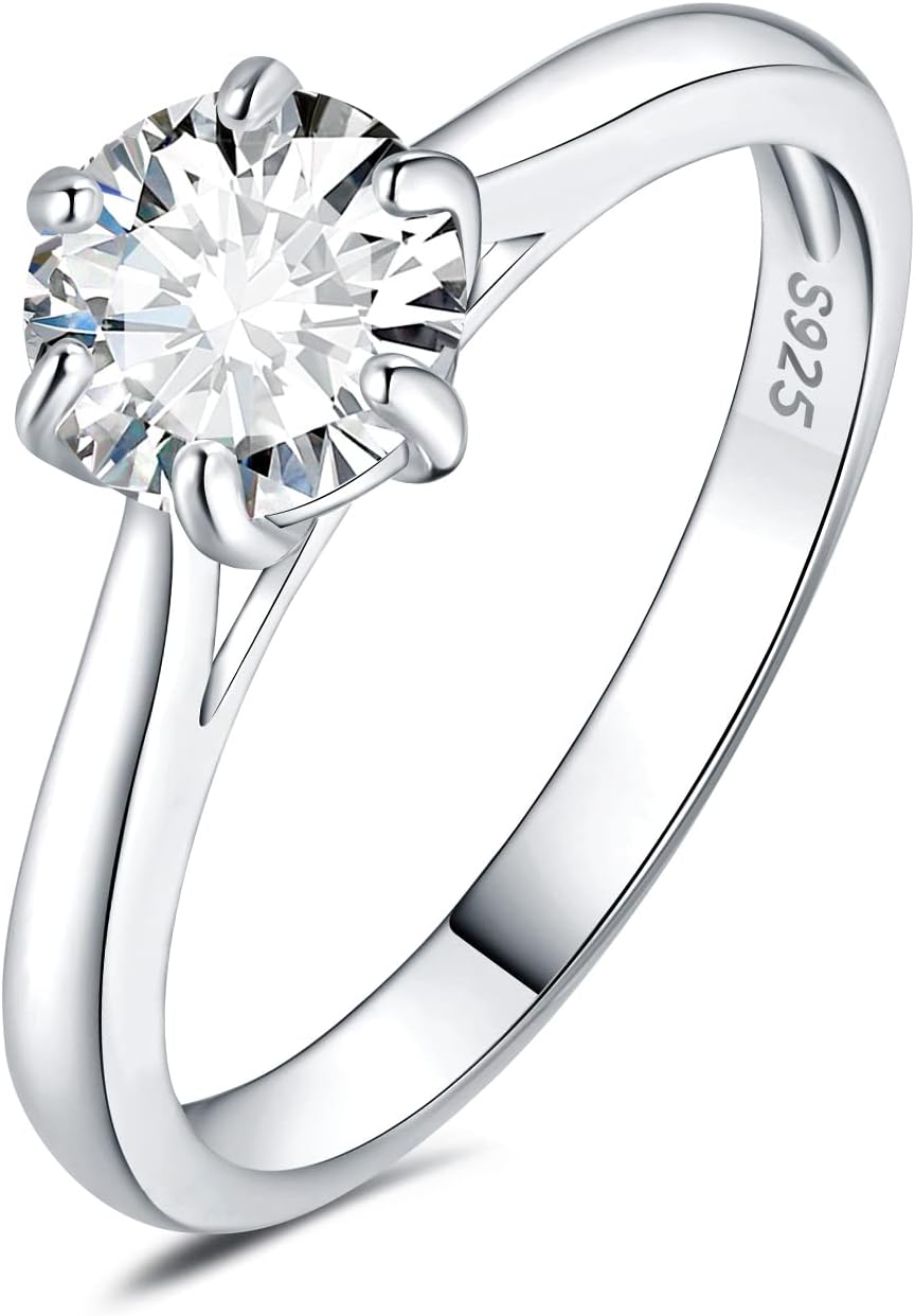 Classic 0.5-2ct Round Cut Moissanite Solitaire Engagement Rings for Women, 14K White Yellow Rose Gold Plated 925 Sterling Silver Promise Ring, Simulated Diamond Anniversary Rings D-F VVS