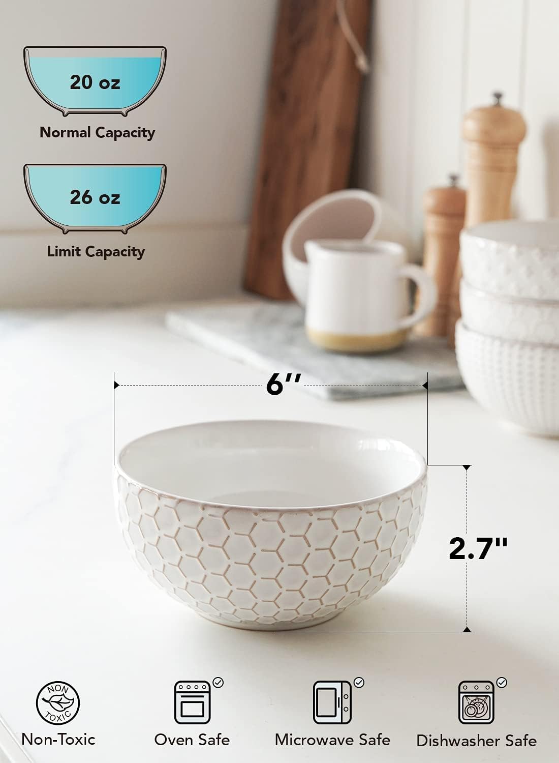 LE TAUCI Cereal bowls 26 oz, Ceramic Soup Bowl for Kitchen, Embossment Stoneware Bowl for Pho, Chip, Fruits, Salad, Noodle, Ramen, Suit For Housewarming - 6 Inch, Set of 4, Arctic white - Image 5