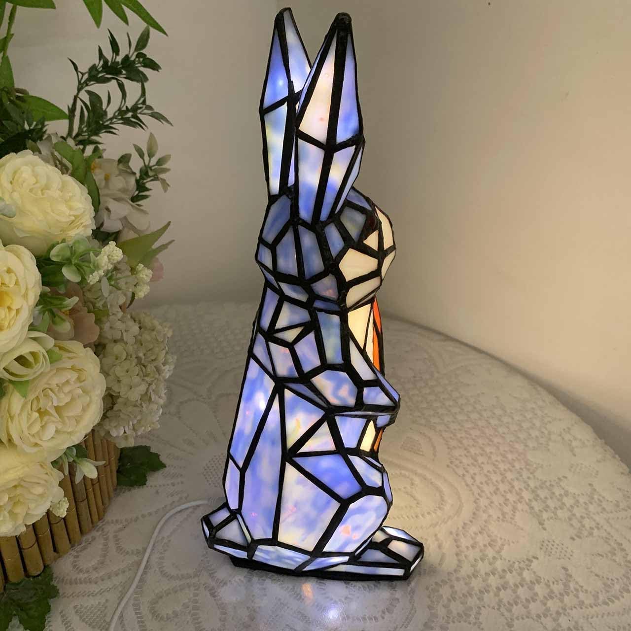 Bieye L10885 Rabbit Holds Carrot Tiffany Style Stained Glass Accent Table Lamp for Home Decor (Blue)
