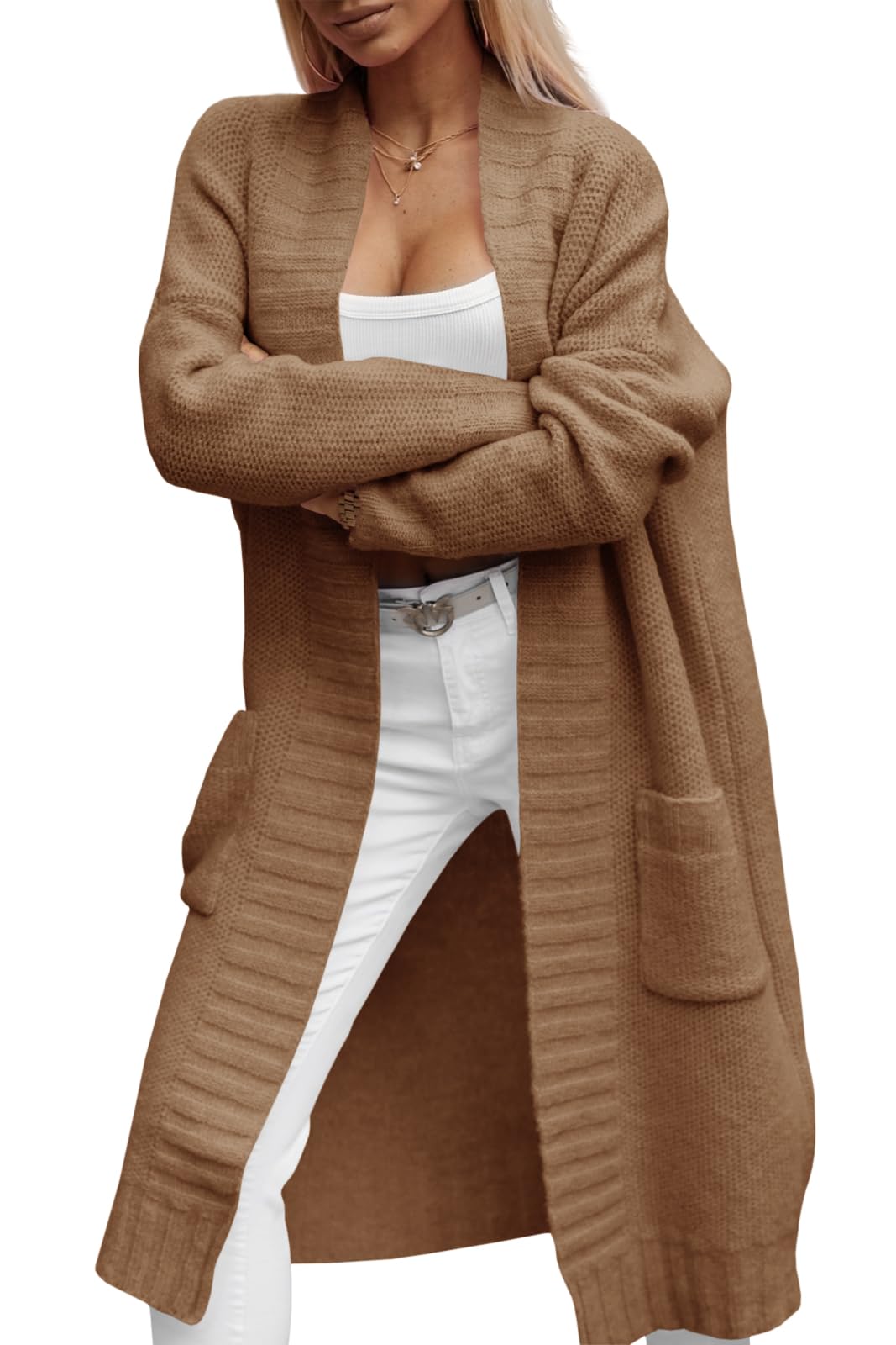 Imily Bela Damen Strickjacke mit Taschen Lang Grobstrick Cardigan Herbst Strickmantel Winter Open Front Pullover
