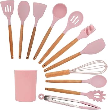 Kitchen Utensil Set, 12 Piece Silicone Cooking Utensils Heat Resistant Kitchen Tools, Non-Stick Baking Cooking Spoon ToolsPink