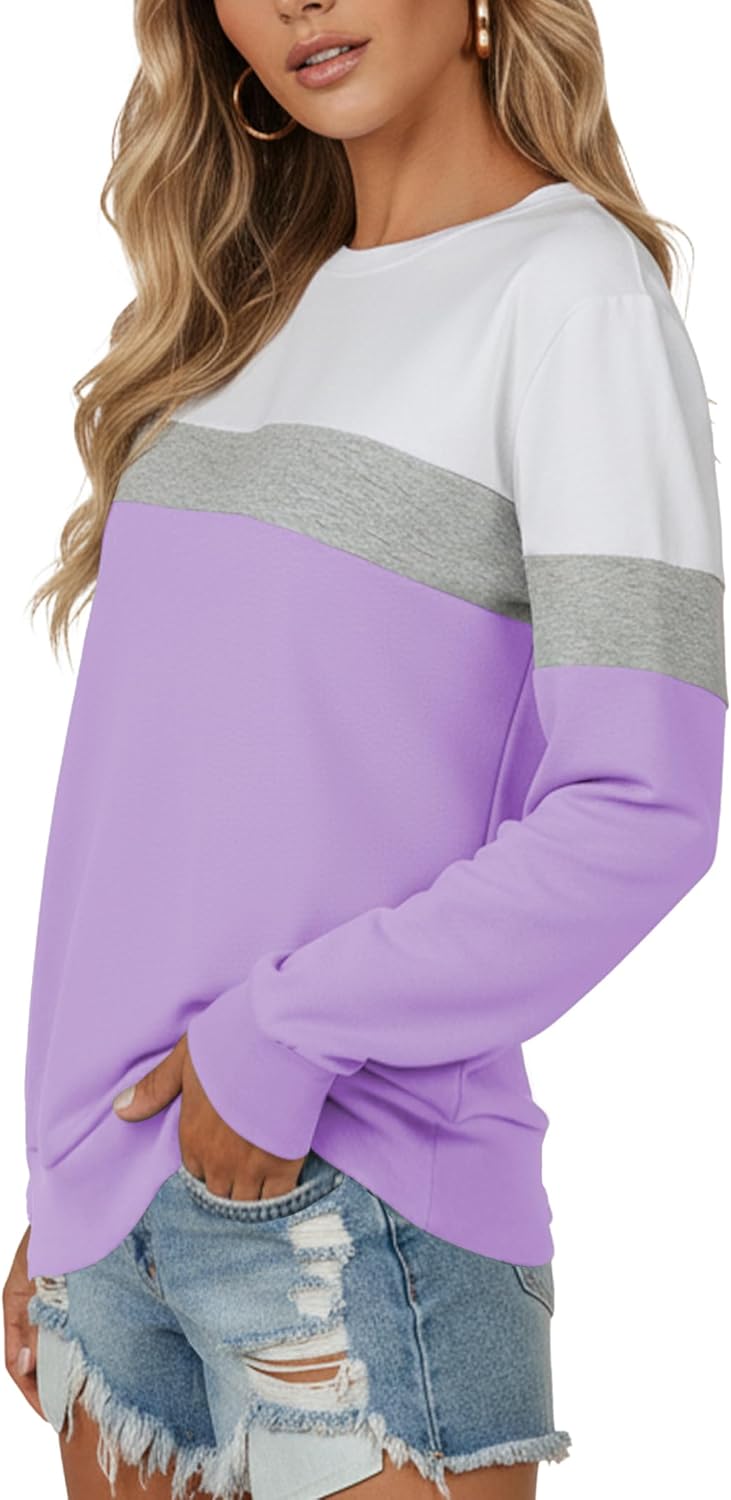 Sweatshirt for Women Color Block & Solid - Cozy Long Sleeve Crewneck Top | Soft Casual Fall Wear White Purple - Image 4