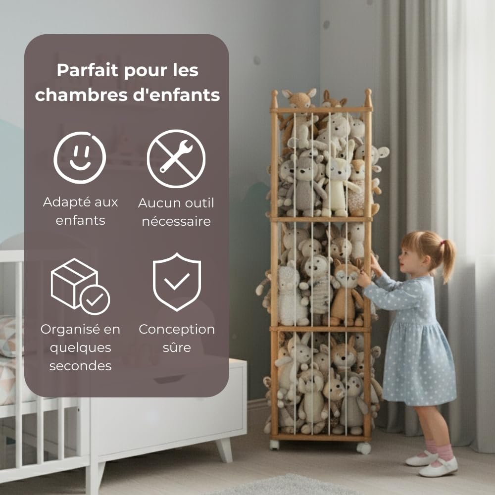 Wonder Space Étagère en Bois pour Peluches avec Roues, Grand Rangement Jouets pour Chambre d'enfant, Peinture à Base d'eau, Support Sûr & Écolo pour Bébés et Tout-Petits (Blanc)