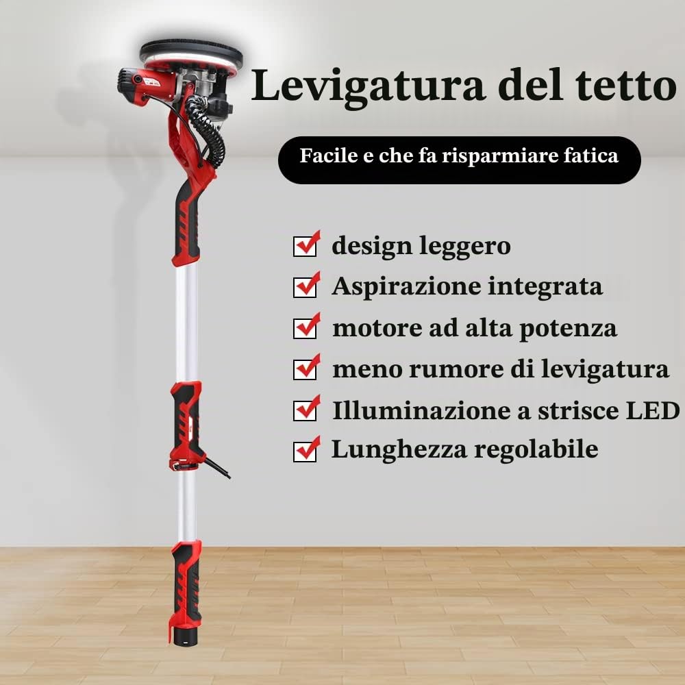 Levigatrice per muro telescopica 1390 W, Raccolta Automatica di Polvere,Impugnatura telescopica fino a 2m, Dischi Abrasivi 12PCS, Tubo Flessibile e 2 Spazzole in Carbone