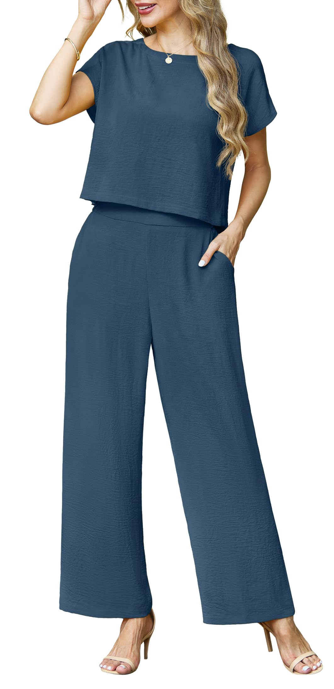 Lepunuo 2 Piece Sets for Women Summer Cap Sleeve Crop Top Wide Leg Pants Matching Lounge Set Vacation Beach Travel Outfits