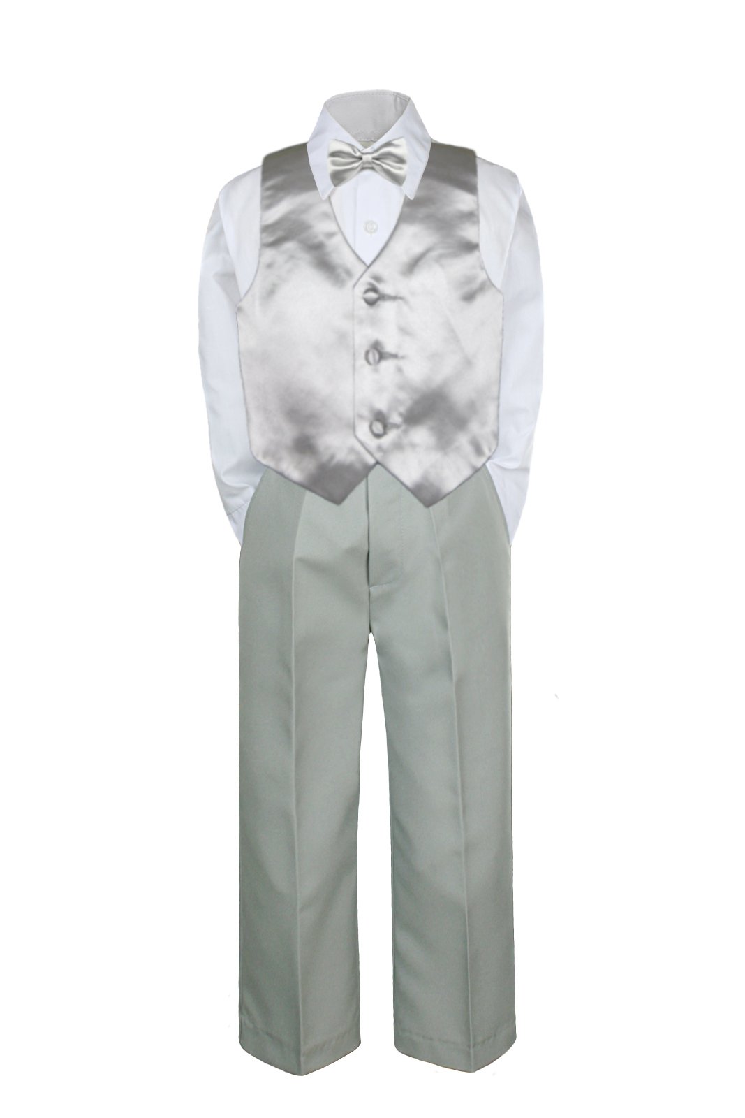 4PC Shirt Gray Pants Vest & Bow tie Set Baby Boy Toddler Kid Formal Suit Sm-7