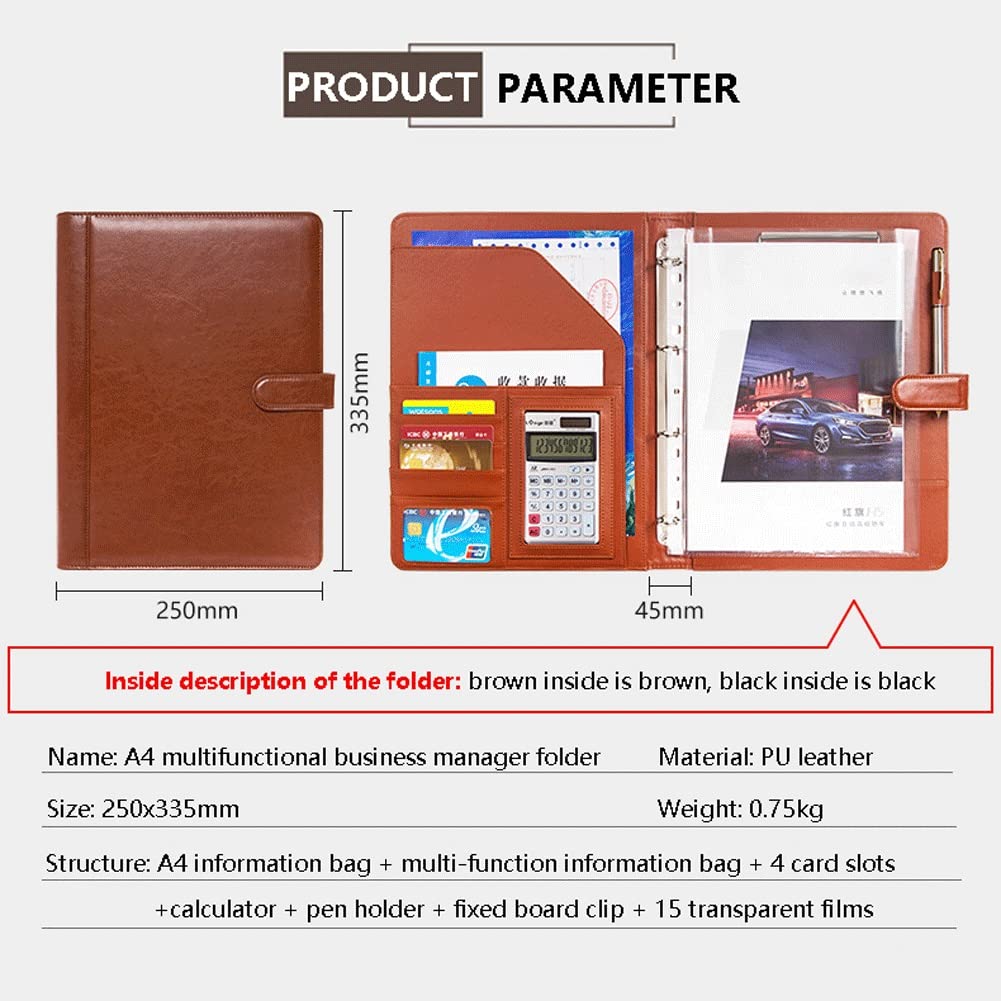 Cartella Portadocumenti A4 Porta Documenti In Pelle Business Portfolio Padfolio Cartelle Raccoglitore Ad Anelli Lavoro Ufficio Conferenza Riunione(Black+calculator)