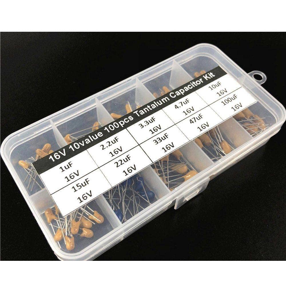 Accesorios electrónicos 10 valores, 100 Uds., 16V, 1uF, 2,2 uF, 3,3 uF, 4,7 uF, 10uF, 15uF, 22uF, 33uF, 47uF, 100uF, kit surtido de condensadores de tantalio con caja de almacenamiento gratuita Dispos