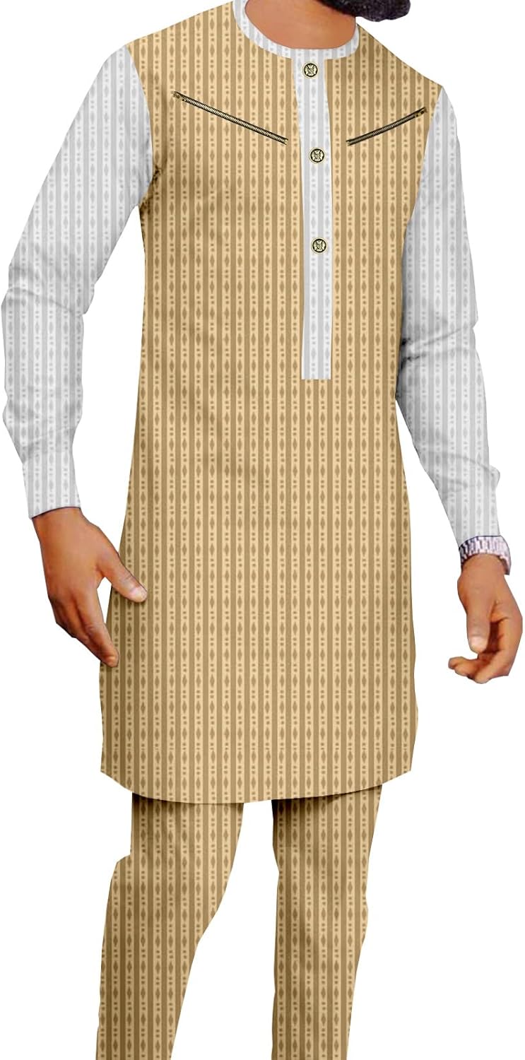 African Traditional Clothes for Men Single Breasted Zip Jacket and Ankara Pants 2 Piece Outfits Formal Tracksuit
